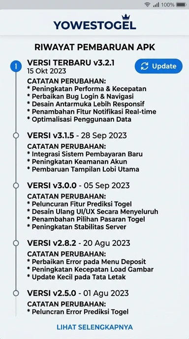 Tampilan riwayat versi yowestogel